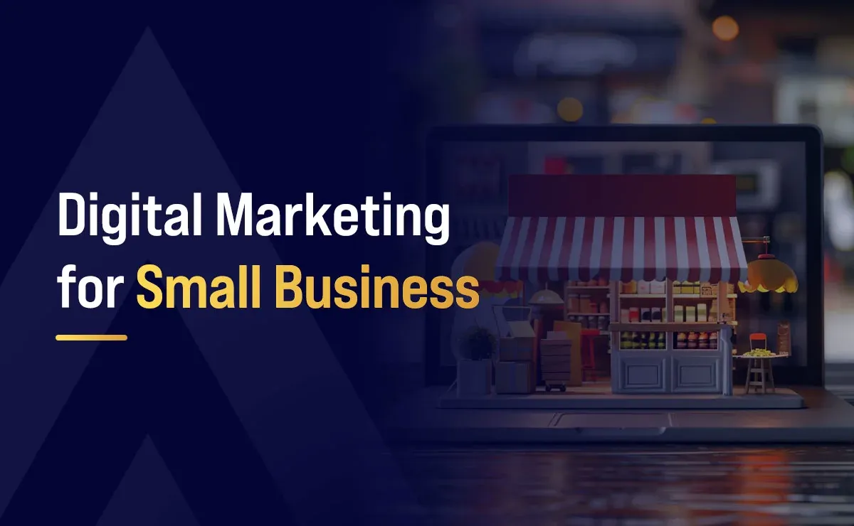 Illustration of digital marketing for small business showing an online shop on a laptop representing website promotion and customer reach through digital channels
