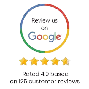 Google Customer Reviews Badge with 4.9 Star Rating Google review badge showing 4.9 star rating based on 125 customer reviews
