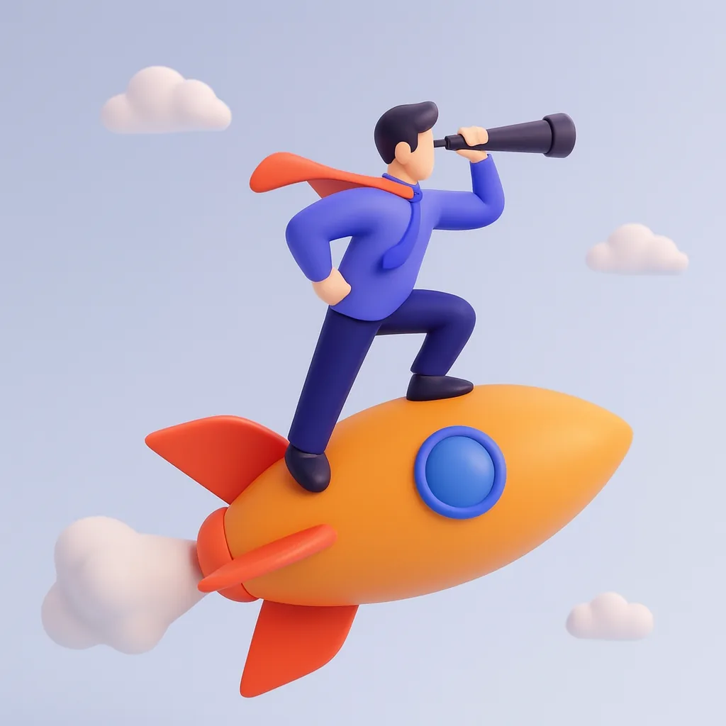 Business Vision Concept with Leader Standing on Rocket Looking Ahead 3D illustration of a business leader standing on a rocket and looking through a telescope toward future goals