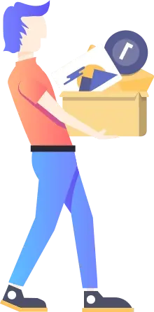 Unlocking Potential through Technology Illustration of a developer carrying a box with software development tools