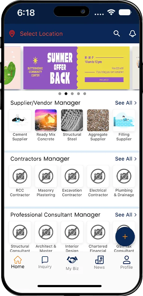 Construction Services App Home Screen with Supplier, Contractor, and Consultant Listings Mobile app home screen showing supplier vendor manager, contractors manager, and professional consultant service categories