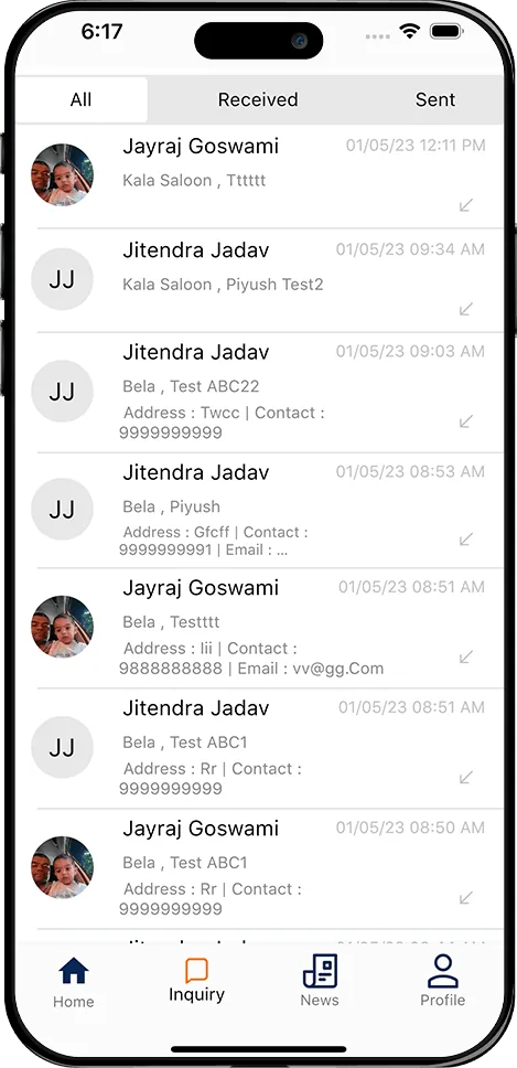 Customer Inquiry Message List Screen Showing Received and Sent Requests Mobile app inquiry screen displaying customer message list with received and sent requests, contact details, and timestamps