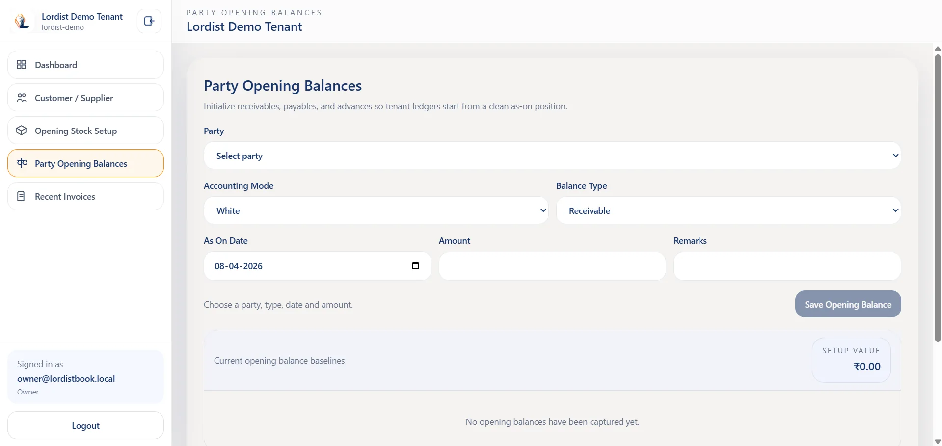 LordistBook customer management screen listing customer records, contact information, and account details