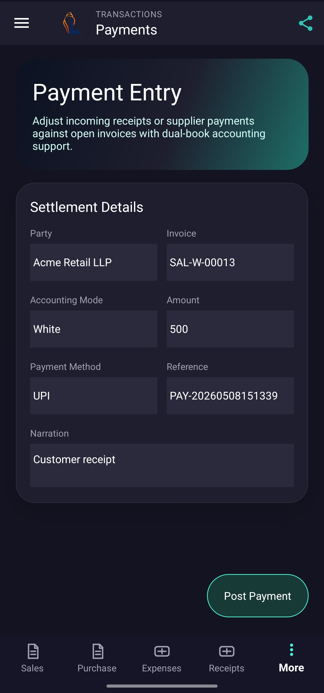 LordistBook mobile payment entry screen with payment details, account transactions, and entry management