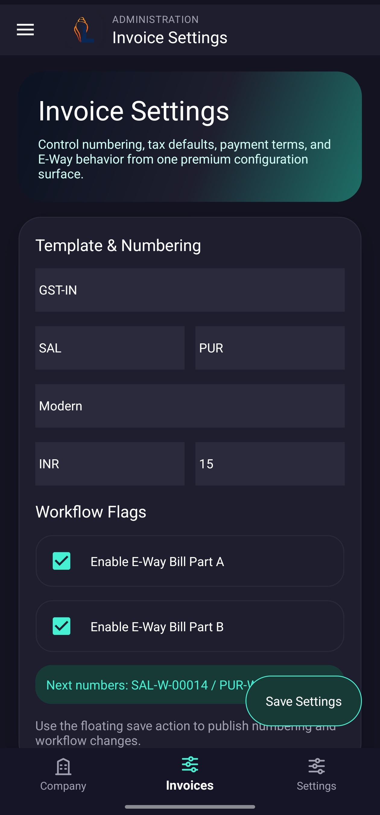 LordistBook mobile invoice settings screen with invoice customization, tax configuration, and billing preferences