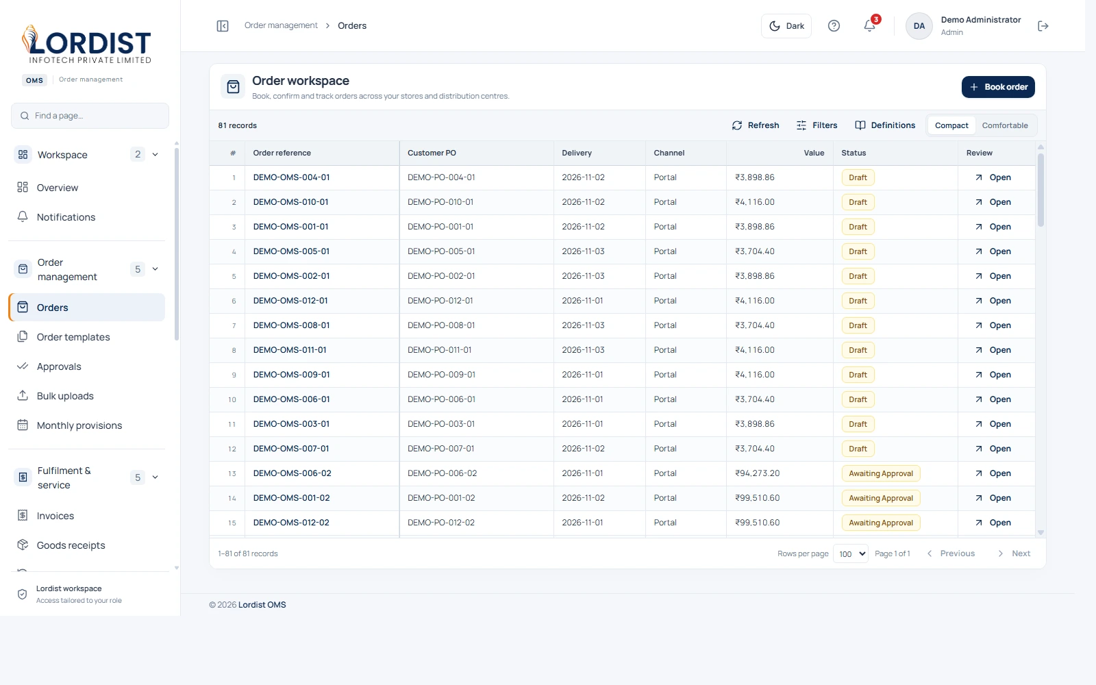 Lordist OMS Store Order Matrix with Virtual Scrolling and Live Order Filtering