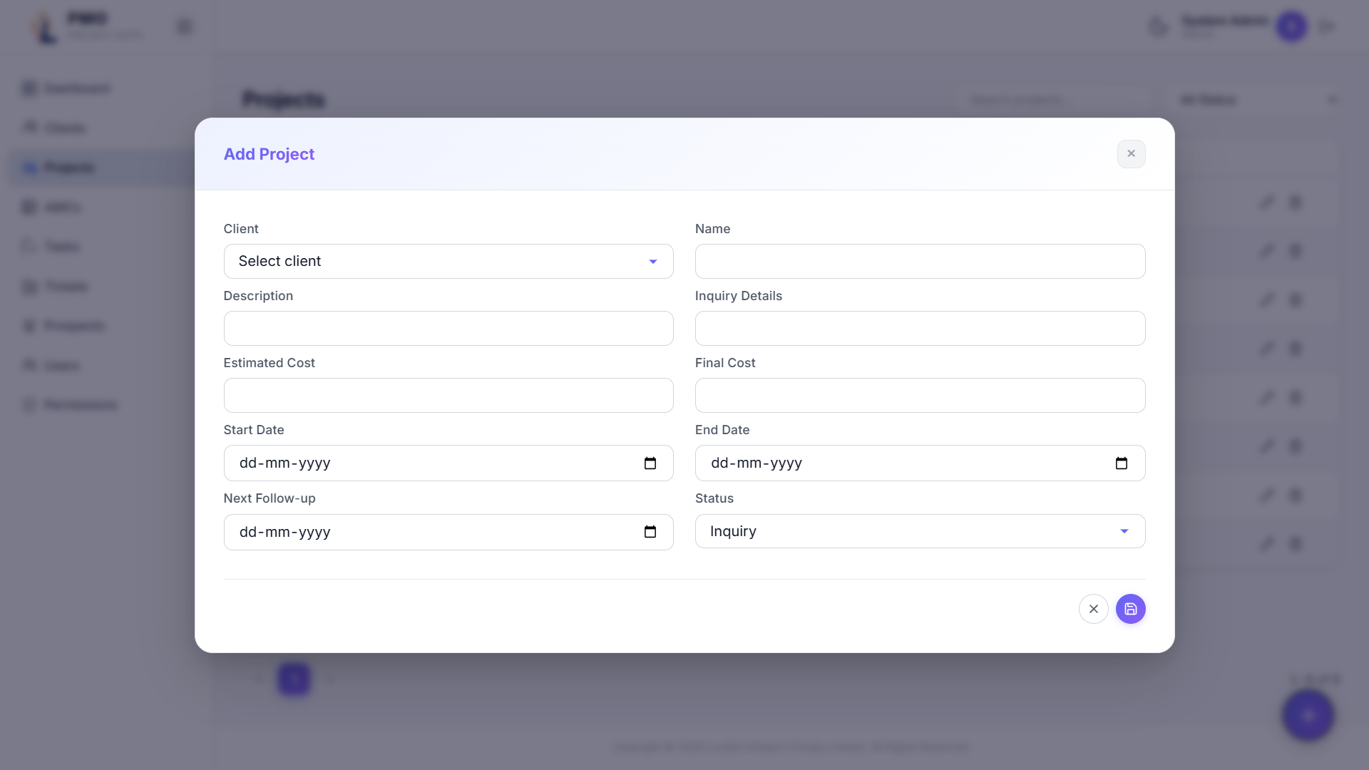 PMO project timeline screen with Gantt chart for schedule management, task dependencies, and project workflow tracking