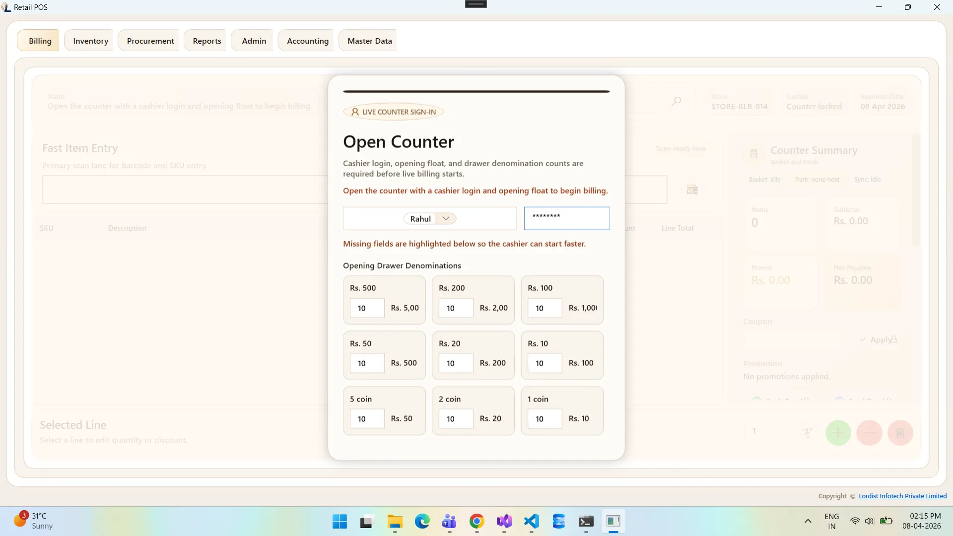 Retail POS billing screen with product rows, quantity details, item rates, and checkout totals