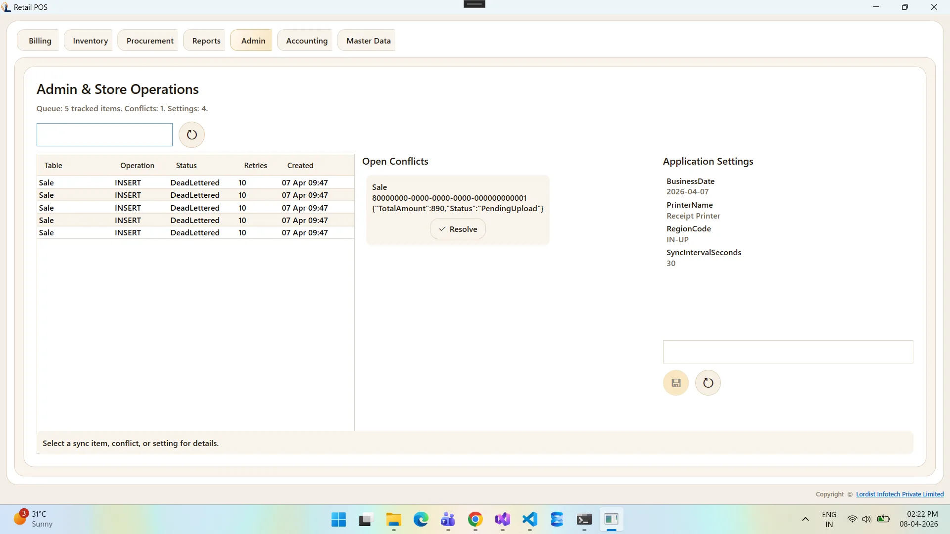 Retail POS reporting screen with billing metrics, sales summaries, and performance details