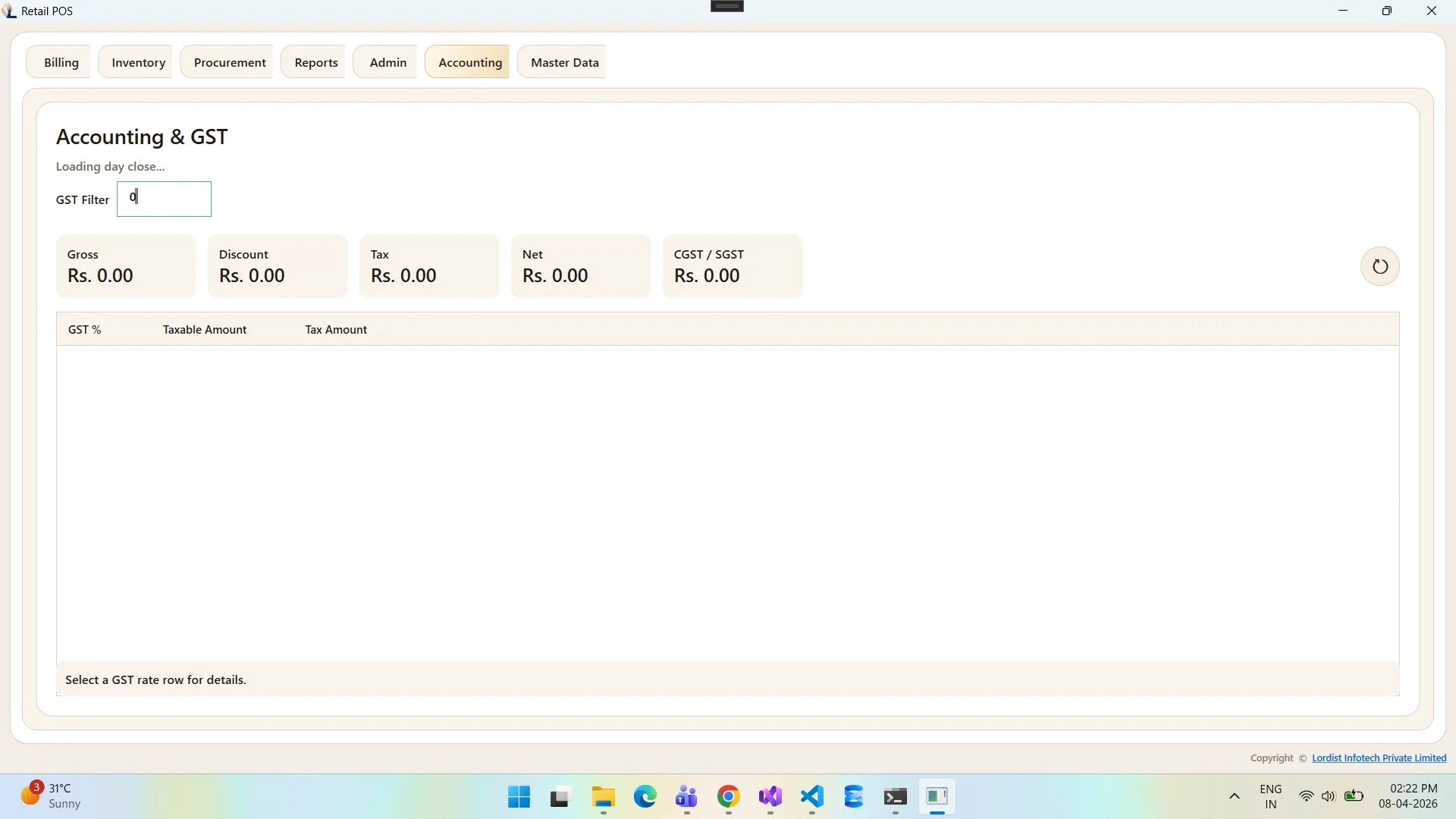 Retail POS order and billing record screen with transaction rows, values, and operational controls