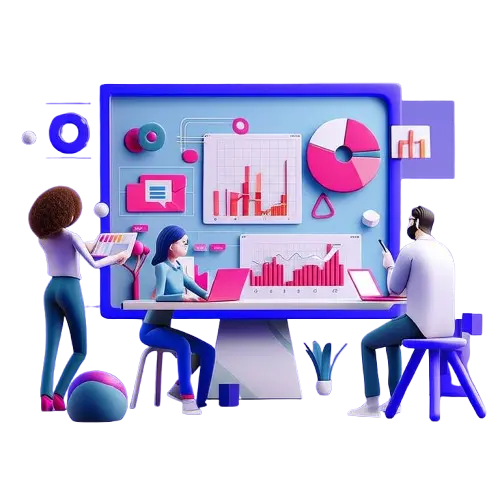 Illustration of a team analyzing mobile app analytics dashboard with charts, graphs, and performance data