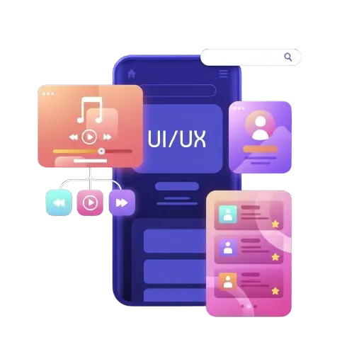 UI UX Features Illustration | Mobile App Interface and User Design Mobile app screen with UI UX elements, user profiles, media controls, and interface components